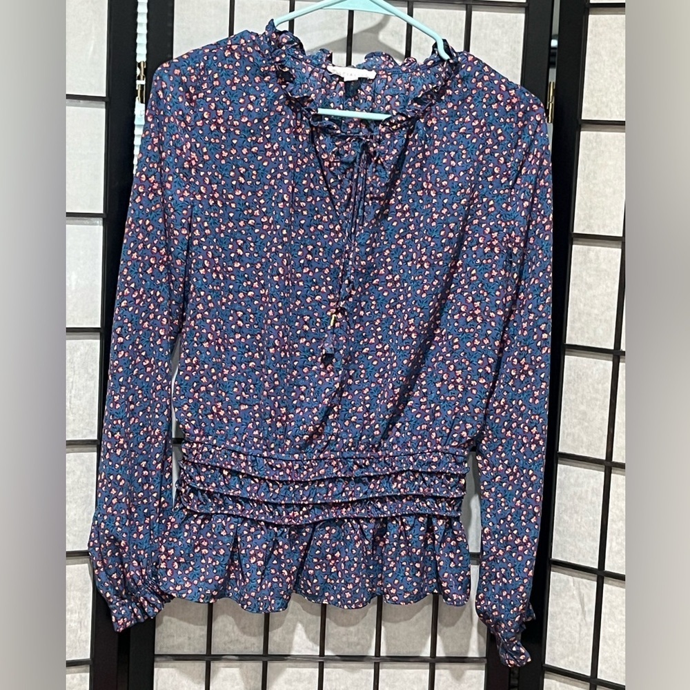 SOCIALITE BLUE DITSY Floral LONG SLEEVE PEPLUM Blouse with Ruffle Details SZ S